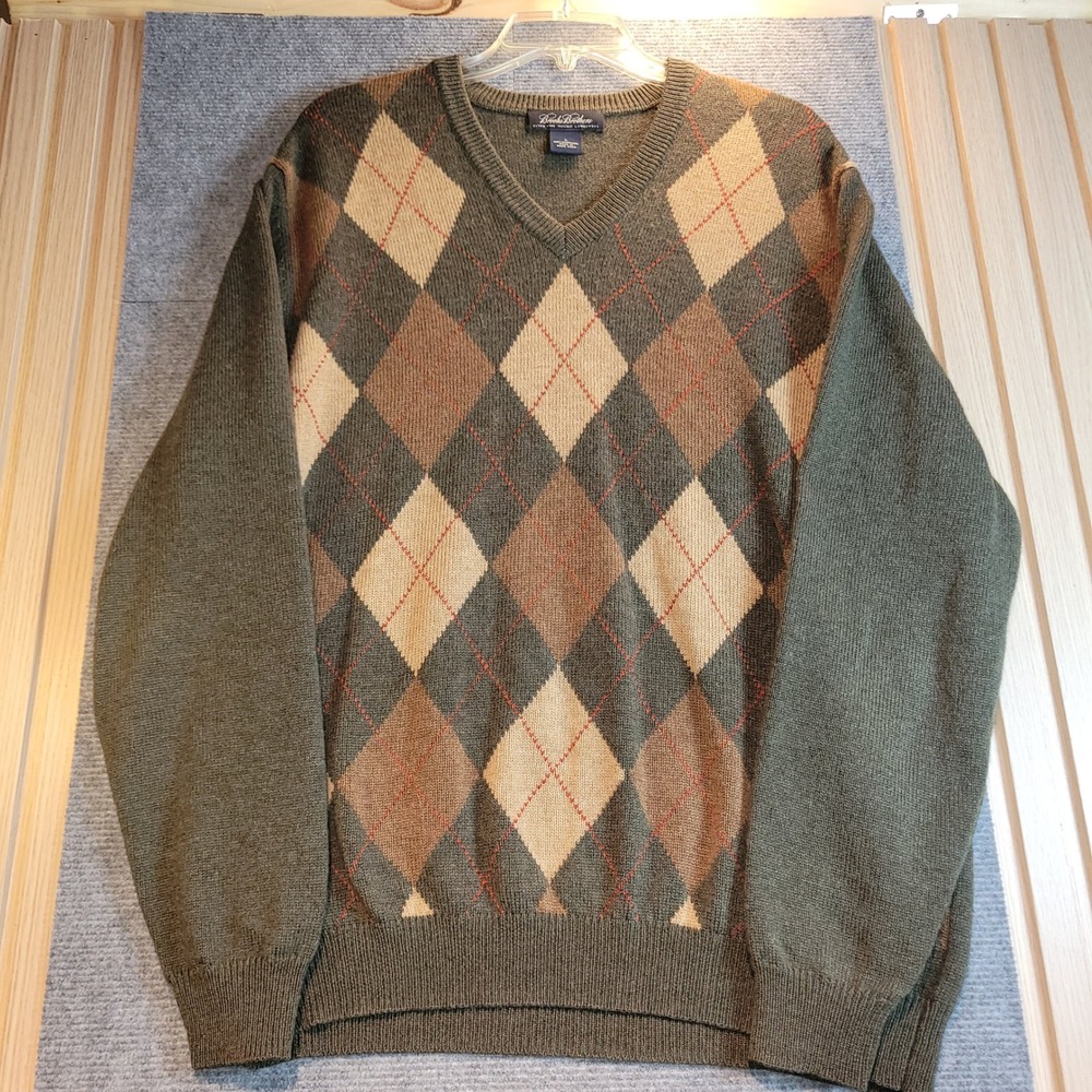 Brooks Brothers Sweater Mens Large Green Argyle Lambswool V-Neck Excellent